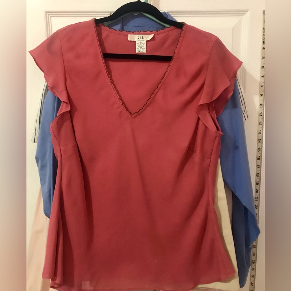 Coral blouse with brown scallop embroidered trim